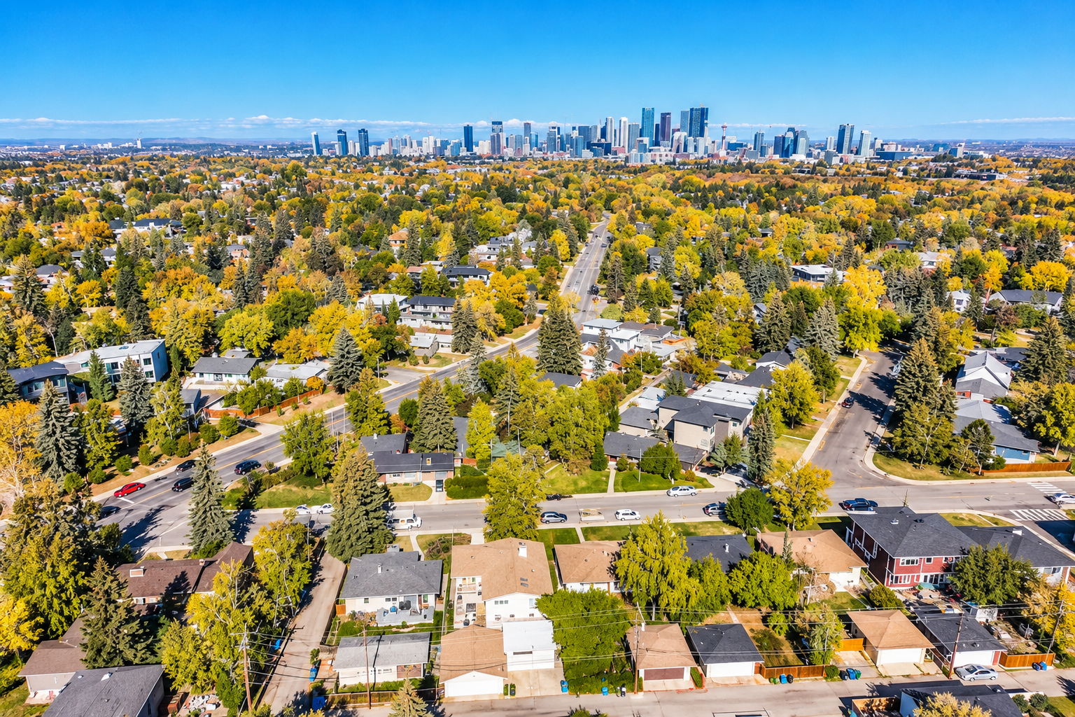 Autumn Neighborhood and City Skyline Elboya elboya calgary realtors